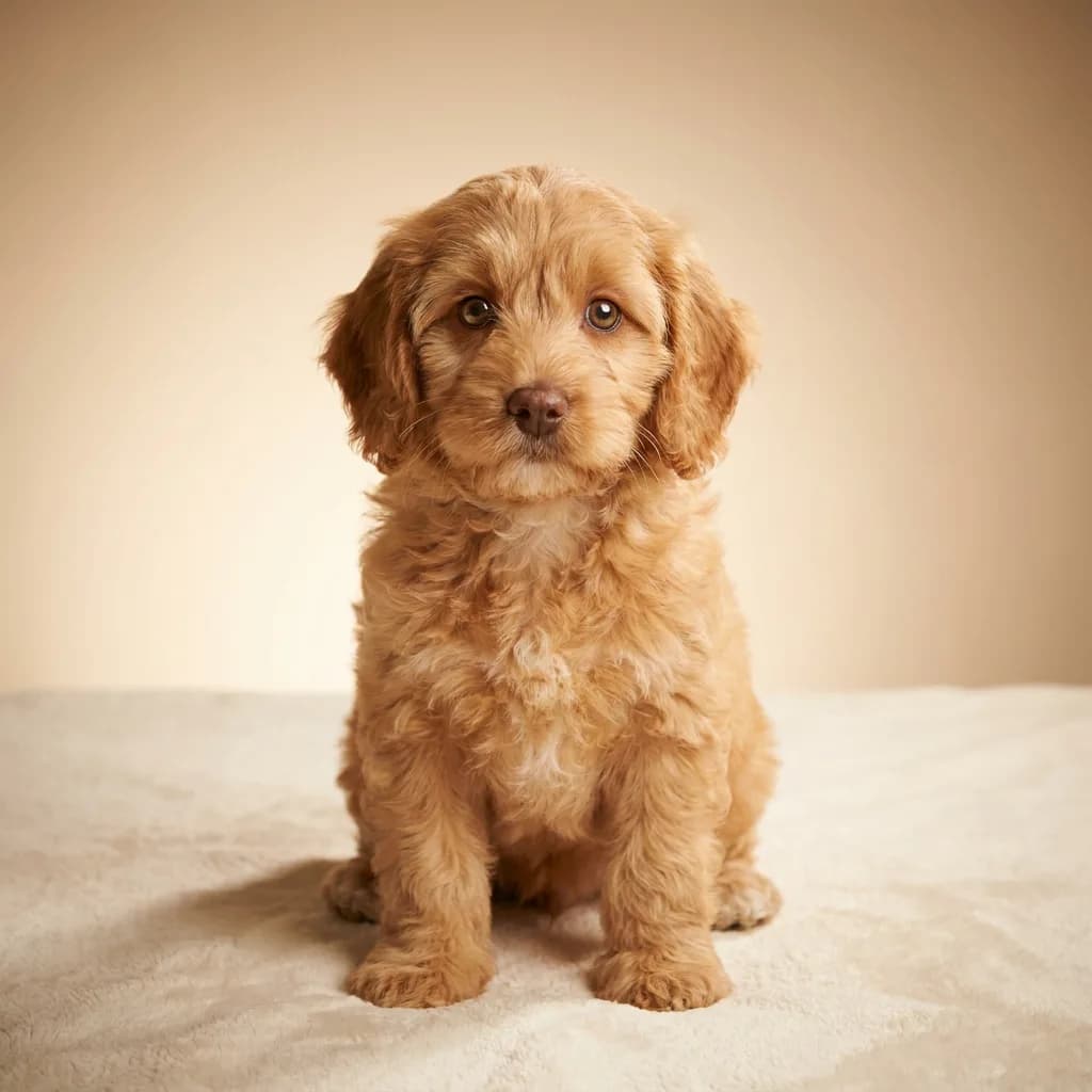A curly puppy sitting and looking at the camera