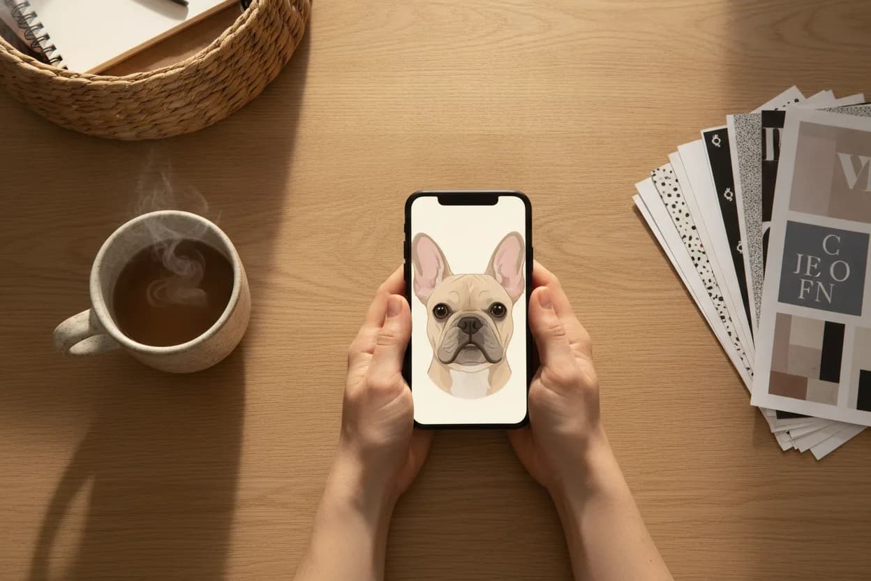 A custom dog portrait preview shown on a phone